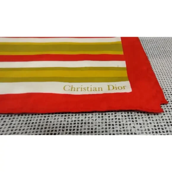 Vintage Dior Silk Scarf Striped Avocado Paris 1960s Designer Mid Century Mod 60s - Picture 5 of 16